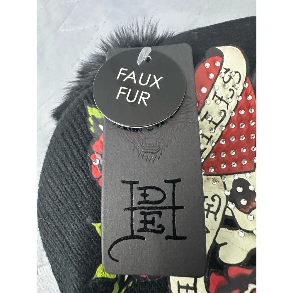 Ed Hardy Unisex's Knit Faux Fur Pom Black Beanie Hat One‎ Size New